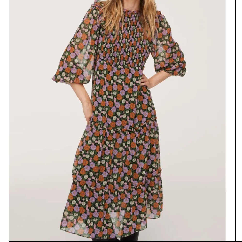 MNG Margot Smocked Floral Midi Dress Womens Size 2 Prairie Boho‎ Cottagecore